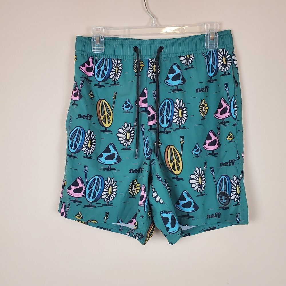 Neff Green Peace Mushroom Print Swim Trunks Size medium